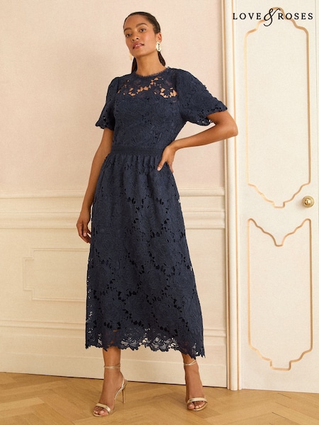 Love & Roses Navy Lace Short Sleeve Midi Dress (W64830) | €189