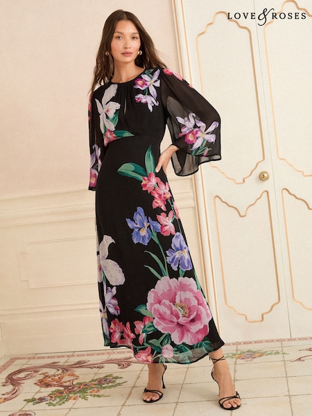 Love & Roses Black Floral Printed Midi Dress (W64831) | €105