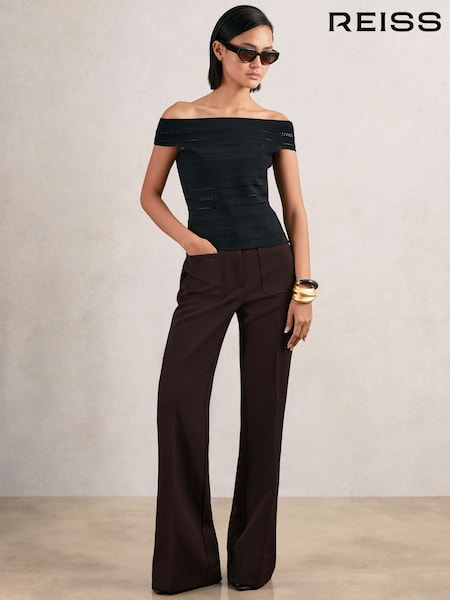 Reiss Chocolate Brown Priya Twill Patch-Pocket Flared Trousers (W64880) | AED1,080