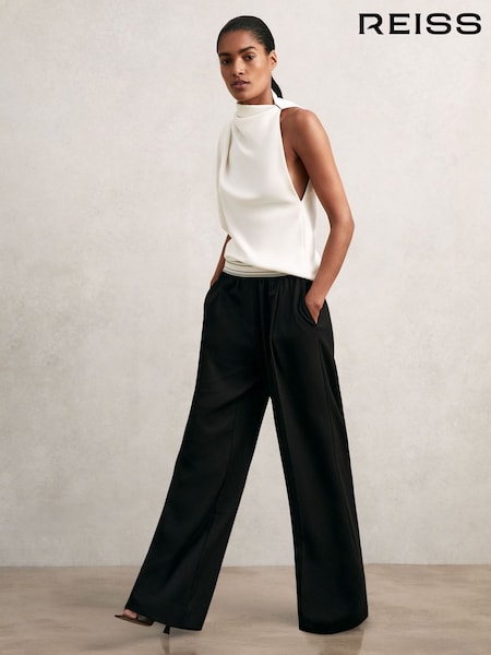 Reiss Black Camelia Wide-Leg Contrast-Waistband Trousers (W64906) | €220