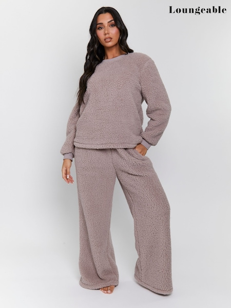 Loungeable Brown Borg Jumper & Wide Leg Trousers Lounge Set (W64947) | €45