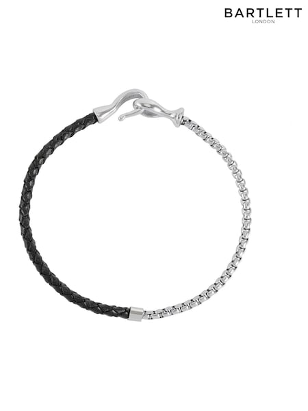 Bartlett Mens Silver Tone Chain Hook and Black Leather Bracelet (W65034) | €35