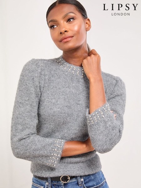 Lipsy Embellished Neck 3/4 Sleeve Knitted Jumper (W65076) | 66 €