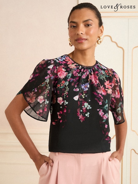 Love & Roses Black Floral Print Crew Neck Short Sleeve Blouse (W65104) | €52
