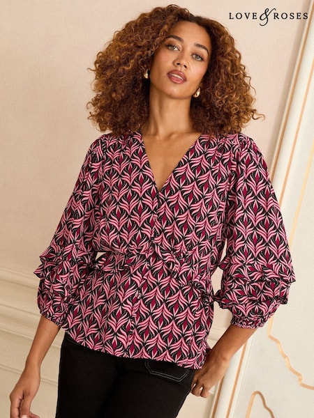 Love & Roses Pink Geo Print V-Neck 3/4 Sleeve Peplum Blouse (W65105) | €52