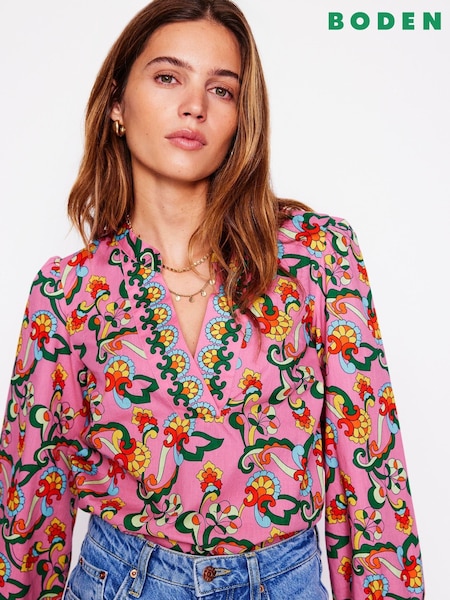 Boden Pink Cotton Notch Neck Top (W65136) | AZN 175