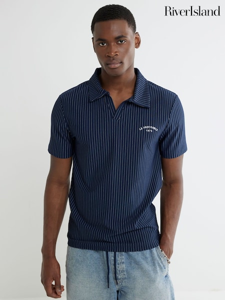 River Island Blue Slim Fit Stripe Open Neck Polo Shirt (W65198) | R$ 355