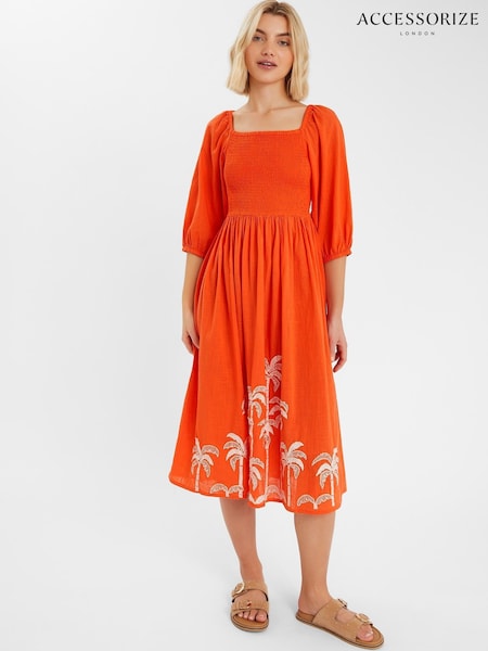 Accessorize Orange Palm Embroidered Puff Sleeve Midi Dress (W65239) | AZN 150