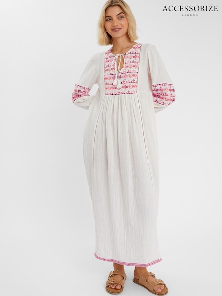 Accessorize Natural Embroidered Long Sleeve Maxi Dress (W65242) | €83