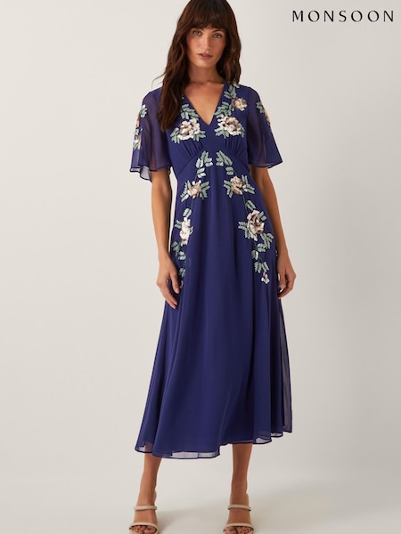 Monsoon Cora Floral Print Embellished Midi Tea Dress (W65320) | €212