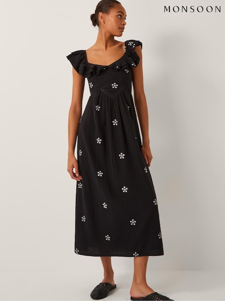 Monsoon Black Daisy Frill Embroidered Midi Dress (W65330) | €95
