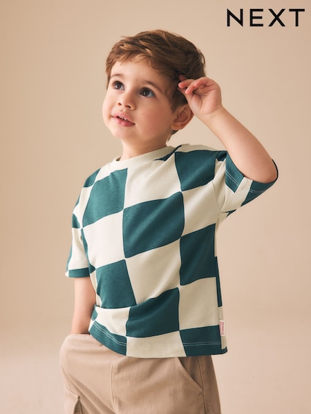 Green/White Wavy Checkerboard Short Sleeve All-Over Print T-Shirt (3 Month-7 Years) (3mths-7yrs) (W65356) | $11 - $15