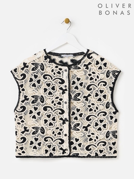 Oliver Bonas Black Crochet Button Up Waistcoat (W65363) | R$ 545