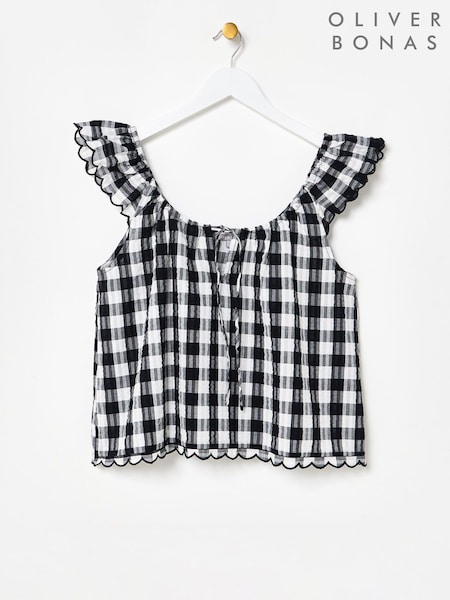 Oliver Bonas Gingham Scalloped Frill Blouse (W65365) | 335 LEI