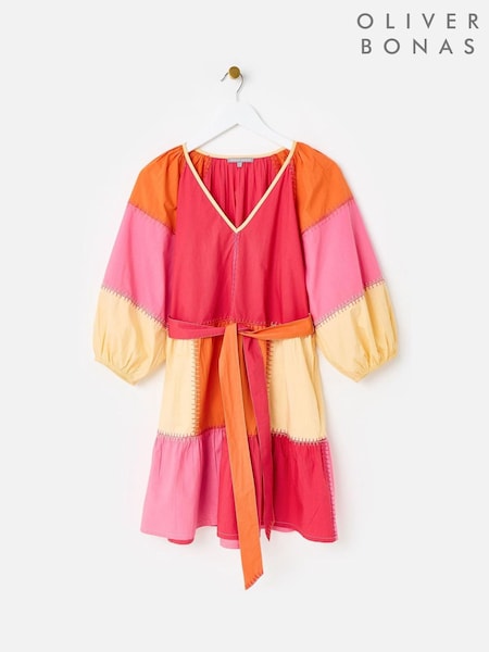 Oliver Bonas Pink Patchwork Tie Waist Mini Dress (W65366) | R$ 740