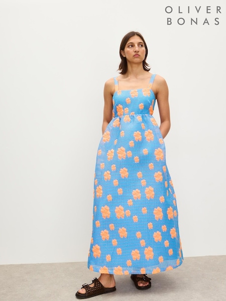 Oliver Bonas Blue Floral Print Jacquard Square Neck Midi Dress (W65381) | €128
