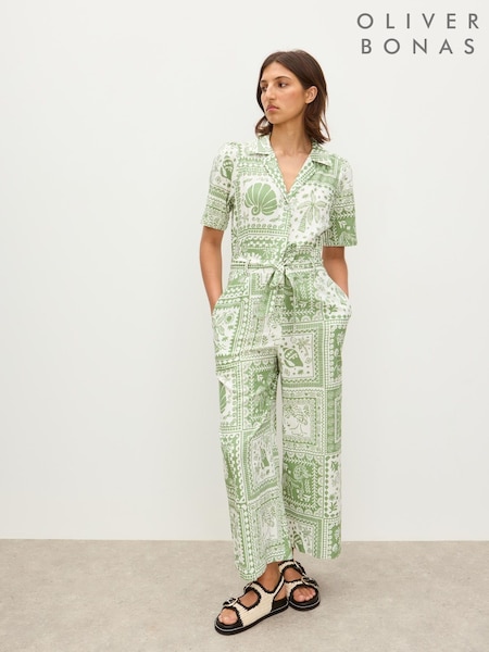 Oliver Bonas Green Summer Tile Print Linen Blend Jumpsuit (W65385) | €120