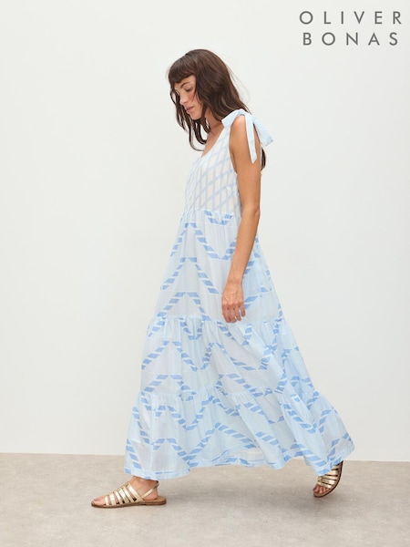 Oliver Bonas Blue Geometric Tie Strap Tiered Midi Dress (W65389) | €112