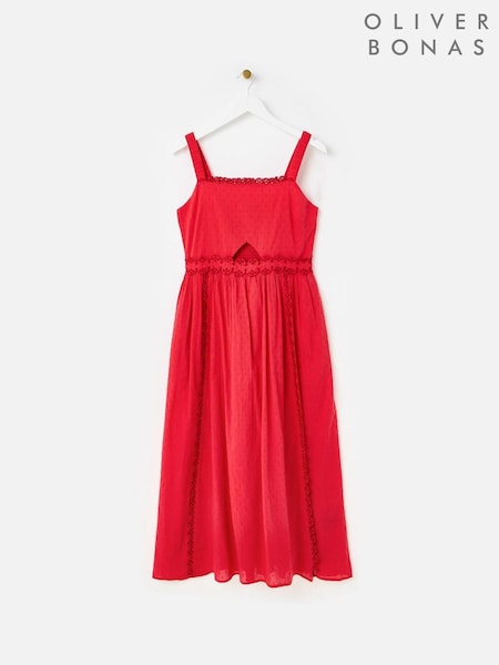 Oliver Bonas Red Broderie Frill Square Neck Dobby Midi Dress (W65390) | €114