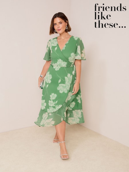 Friends Like These Green Floral Chiffon Mix Flutter Sleeve Wrap Dress (W65551) | €86