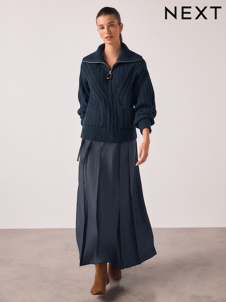 Navy Belted Denim Look Midi Kilt (W65578) | €44