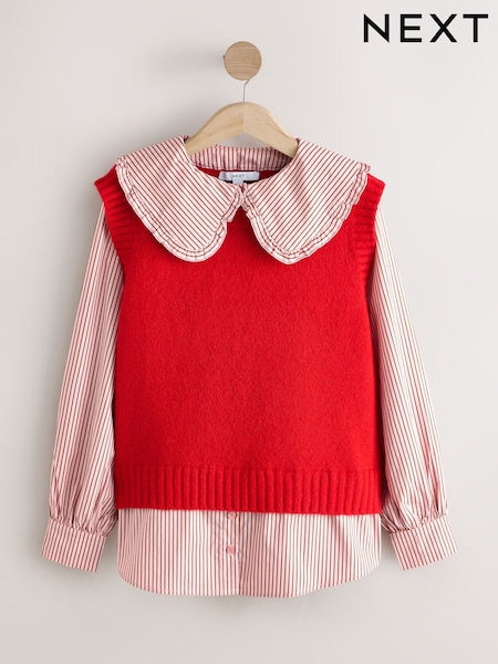 Red Pinstripe Frill Collar Shirt Layer Knitted Tank (W65594) | 212 QAR