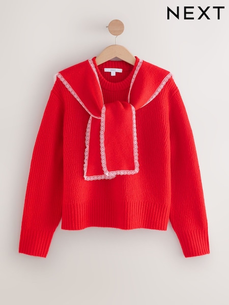 Red Scarf Layer Lace Trim Knitted Jumper (W65601) | €40