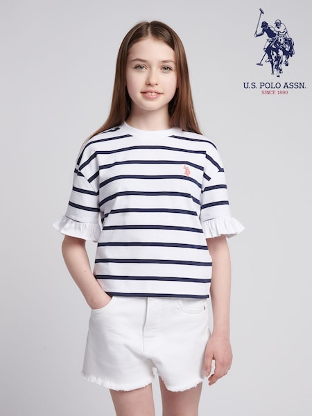 U.S. Polo Assn White Girls Stripe Frill Cuff T-Shirt (W65604) | €32 - €37