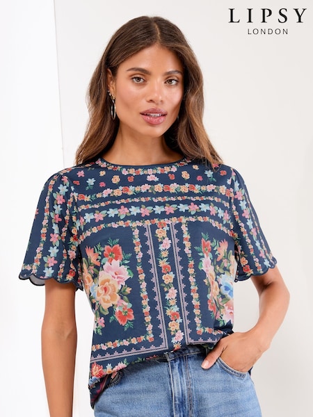 Marinha - Lipsy Printed Scallop Hem T-Shirt (W65629) | R$ 315