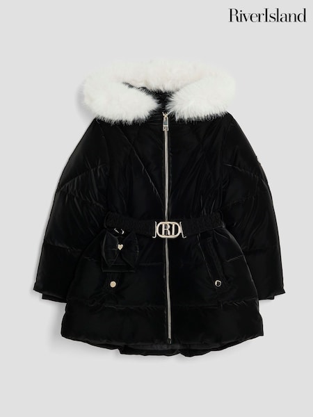 River Island Black Girls Velour Belted Glam Puffer Coat (W65835) | €71