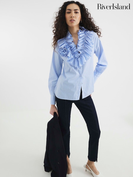 River Island Blue Stripe Long Sleeve Ruffle Shirt (W65912) | 2,944 UAH