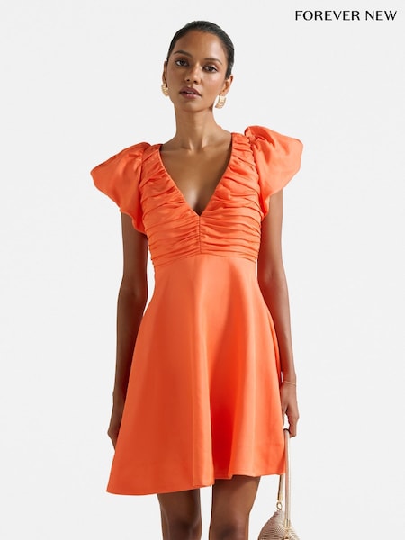 Forever New Orange Mini June Petite Ruched V-Neck Dress Contains Linen (W65929) | €149