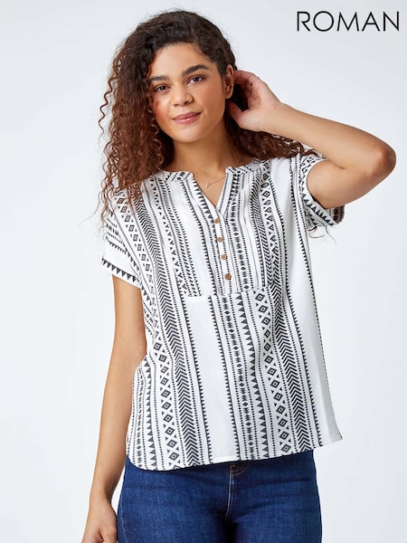 Roman White Print Button V-Neck Detail Blouse (W65953) | €40