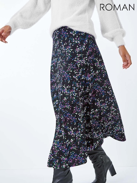 Roman Black Ditsy Floral Print Stretch Elastic Waist Midi Skirt (W65956) | €51