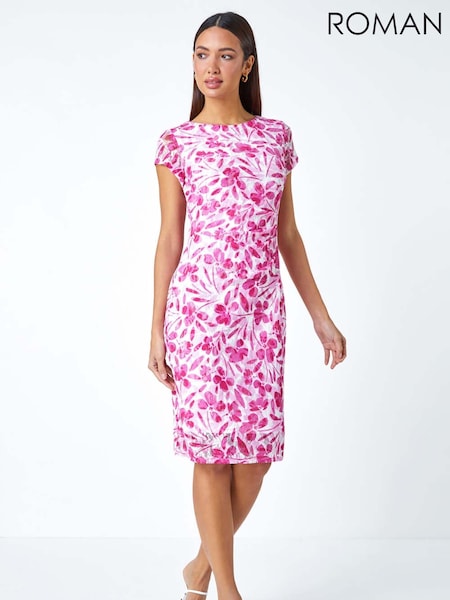 Roman Floral Print Lace Gathered Stretch Bodycon Dress (W65967) | €73