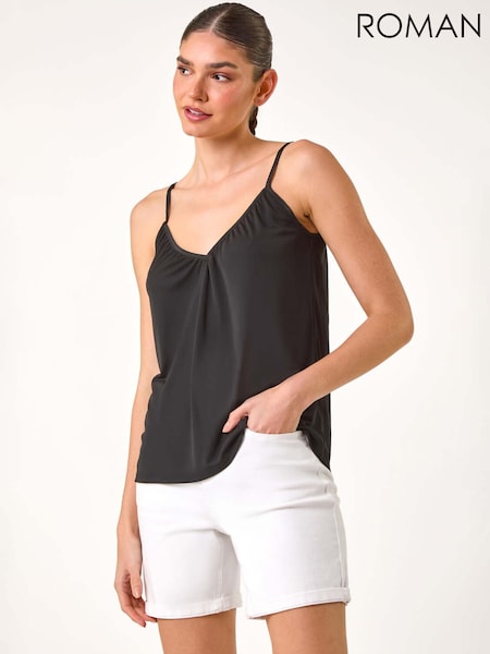 Roman Black Gathered V-Neck Stretch Vest Top (W65976) | AZN 98