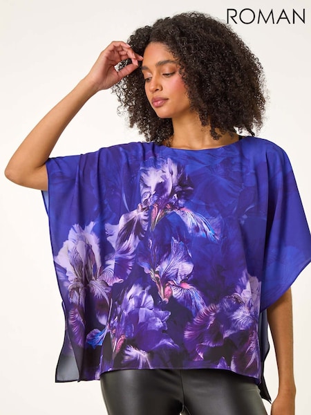 Roman Blue Floral Print Chiffon Overlay Blouse (W65979) | AZN 129