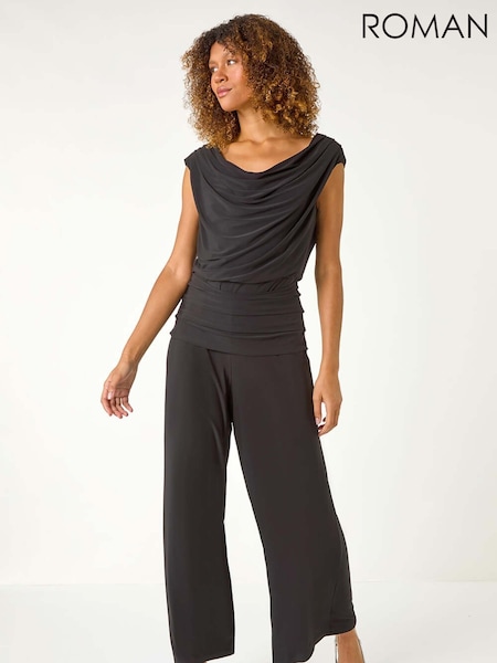 Roman Black Cowl Neck Ruched Stretch Jumpsuit (W65980) | € 78