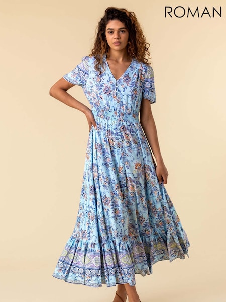 Roman Blue Floral Print Shirred Waist Maxi Dress (W65983) | €82