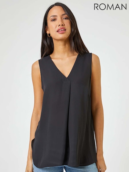 Roman Black V-Neck Pleat Tunic Tank Top (W65987) | ₪201