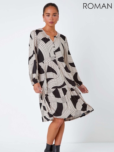 Roman Black Petite Linear Print Tiered Stretch Dress (W66007) | €48