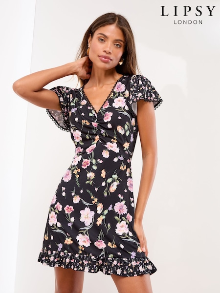 Lipsy Black Floral Mini V-Neck Ruched Dress (W66177) | €61