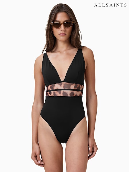 AllSaints Black Xalia Mesh Leopard Print Swimsuit (W66210) | 5,347 UAH
