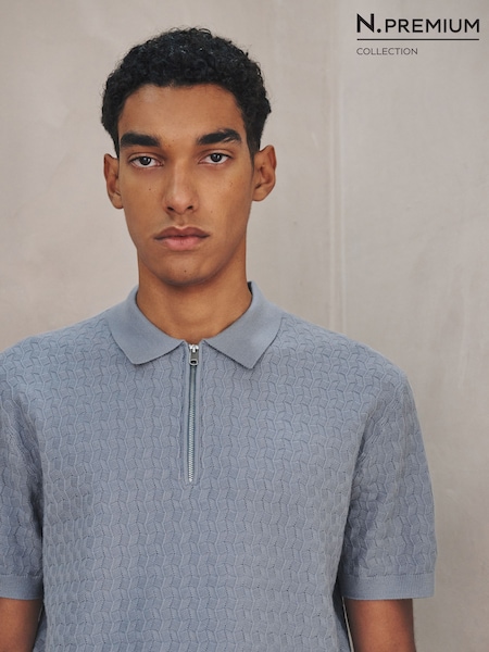 Light Blue N.Premium Regular Fit Textured Knit Short Sleeve Zip Neck Polo Shirt (W66221) | $75
