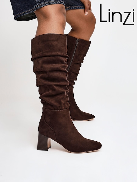 Linzi Brown Alpine Ruched High Leg Stacked Block Heel Boots (W66230) | €77