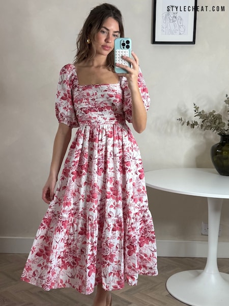 Style Cheat Pink Leighton Puff Sleeve Midi Dress (W66311) | AED396