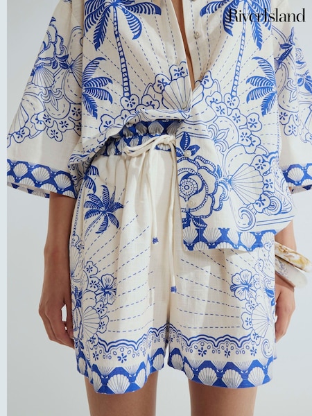 River Island Blue Shell Printed Tie Waist Shorts (W66324) | €45