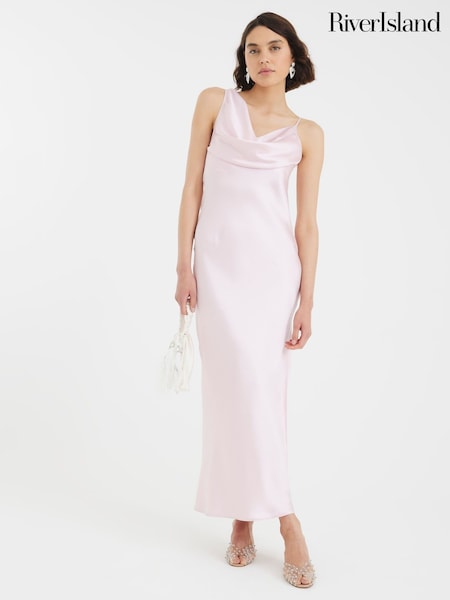 River Island Pink One Shoulder Cowl Neck Maxi Slip Dress (W66326) | €89