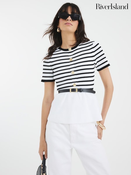 River Island Cream Striped Knit Short Sleeve Belted Top (W66364) | R$ 385