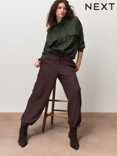 بني - Linen Blend Balloon Leg Trousers (W66465) | ‏126 د.إ.‏